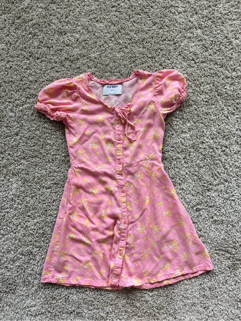 Old Navy Girls Pink Floral Dress Size Small 6/7 Puff Sleeve Button Front
